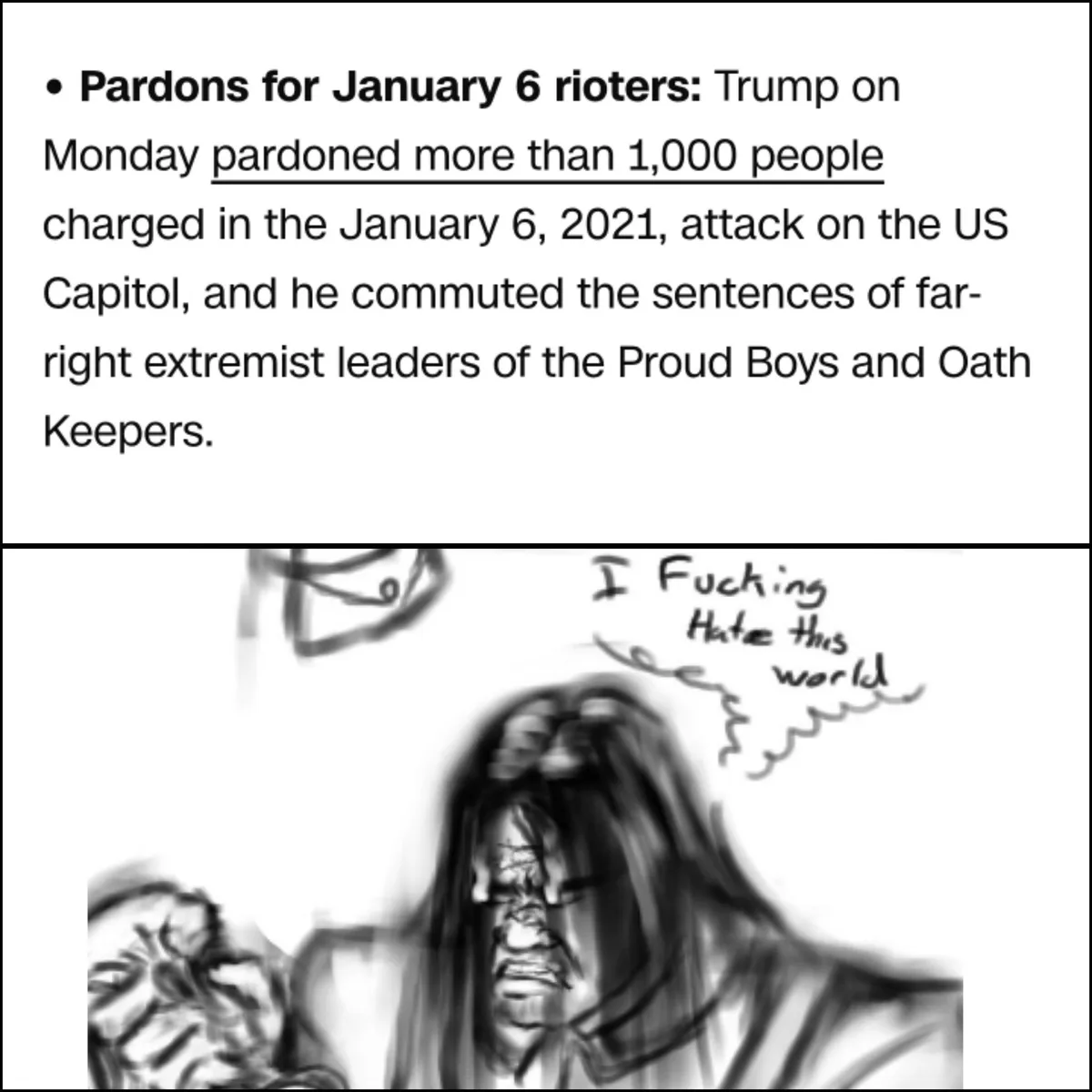 The image is a two-panel meme. The top panel displays a news headline stating that Trump pardoned over 1,000 people charged…