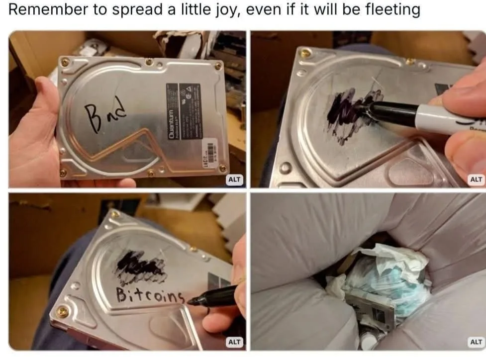 A four-panel image shows a person using a black marker to write 'Bad' on a hard drive, then scribbling over it with…