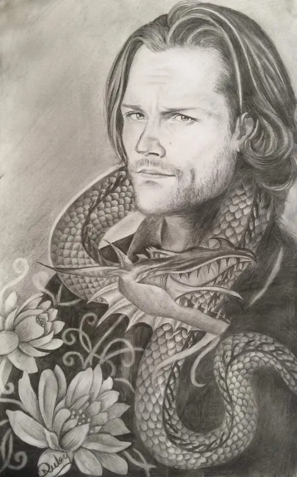 A detailed pencil sketch shows a man with long hair and a serious expression, with a large, coiled dragon wrapped around his…