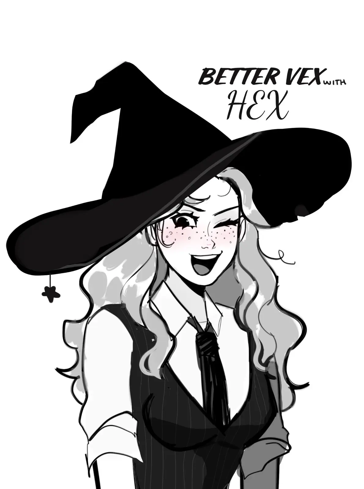 A black-and-white anime-style illustration of a cheerful witch with long wavy hair, wearing a tall pointed hat with a star…
