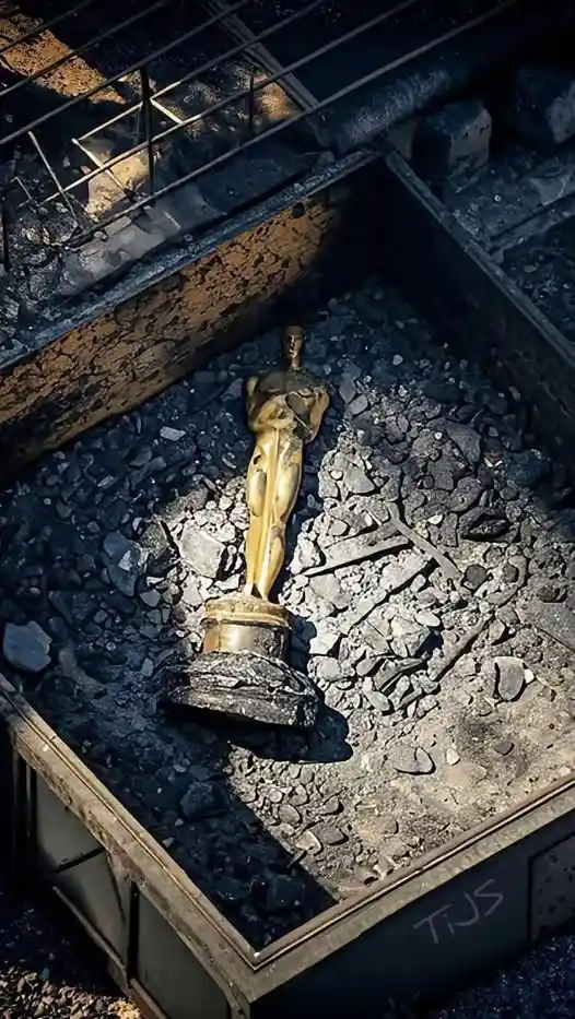 A golden Oscar statue lies broken and half-buried in rubble and debris inside a concrete structure, with the text 'i'm not a…