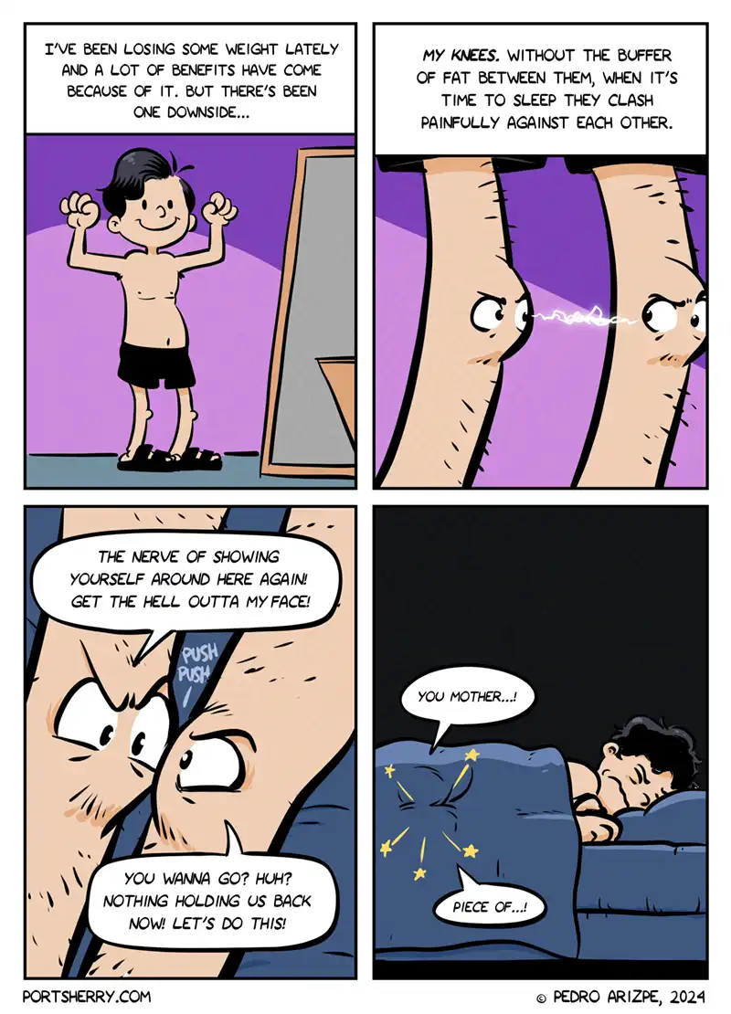 A four-panel comic strip shows a man proudly showing off his weight loss, then revealing his knees clashing painfully at…