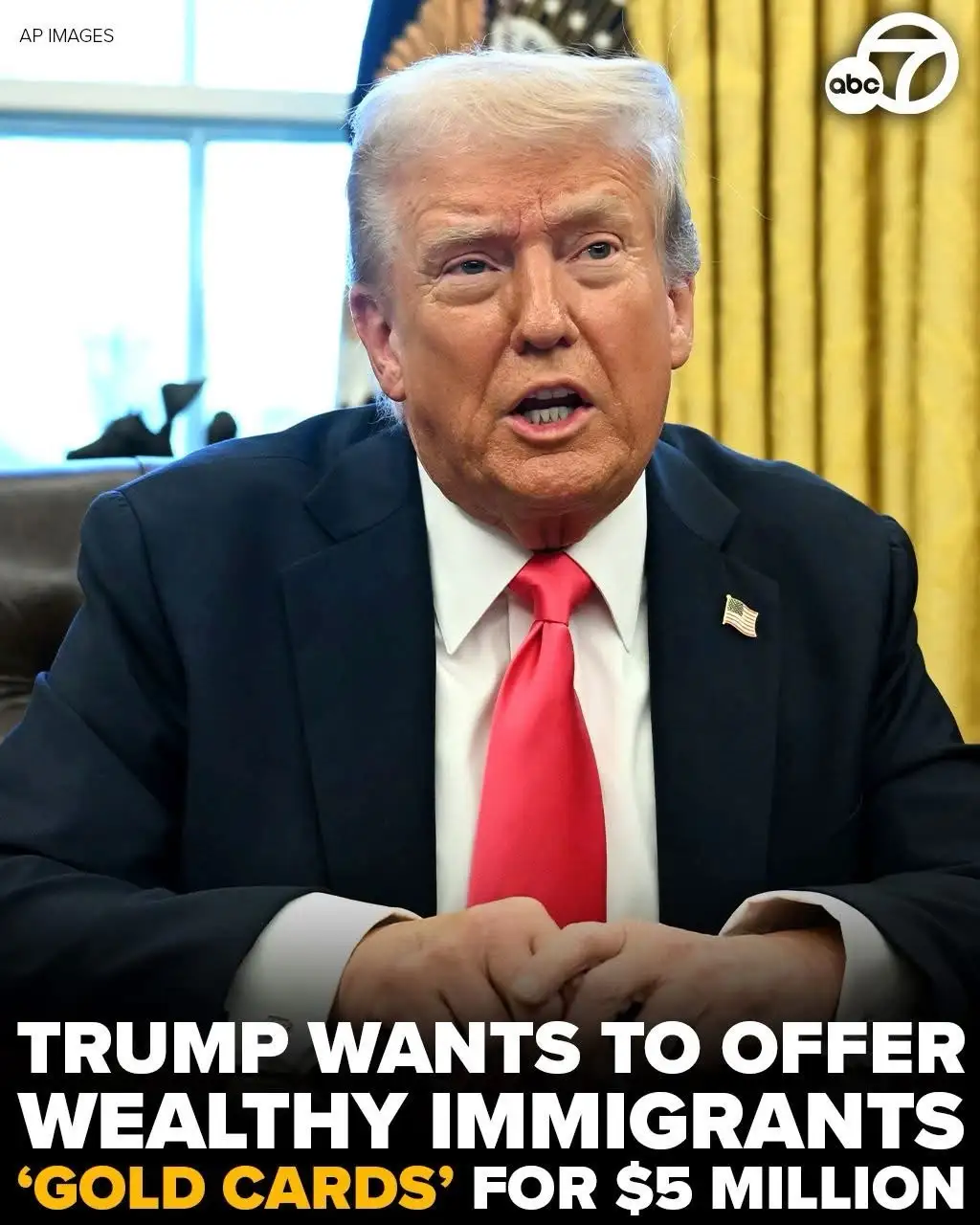 A photo of Donald Trump in a dark suit and red tie, seated in an office with yellow drapes, looking surprised or emphatic…