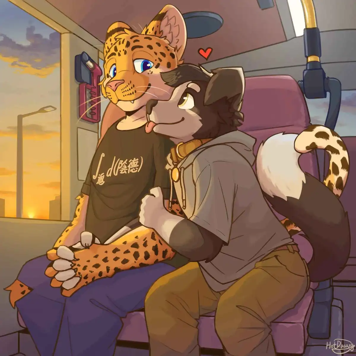 Two anthropomorphic animals sit together on a bus seat during sunset; a leopard with blue eyes and a black t-shirt featuring…