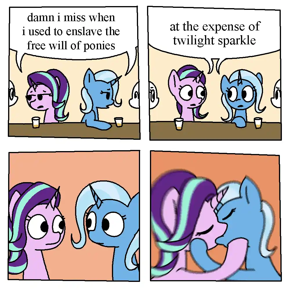 A four-panel comic strip featuring two ponies, Twilight Sparkle and Rarity, at a bar. In the first panel, Rarity says she…