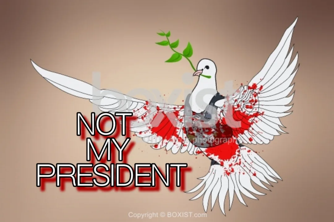 A white dove with spread wings, holding an olive branch in its beak, is depicted with red splatters and blood-like stains…