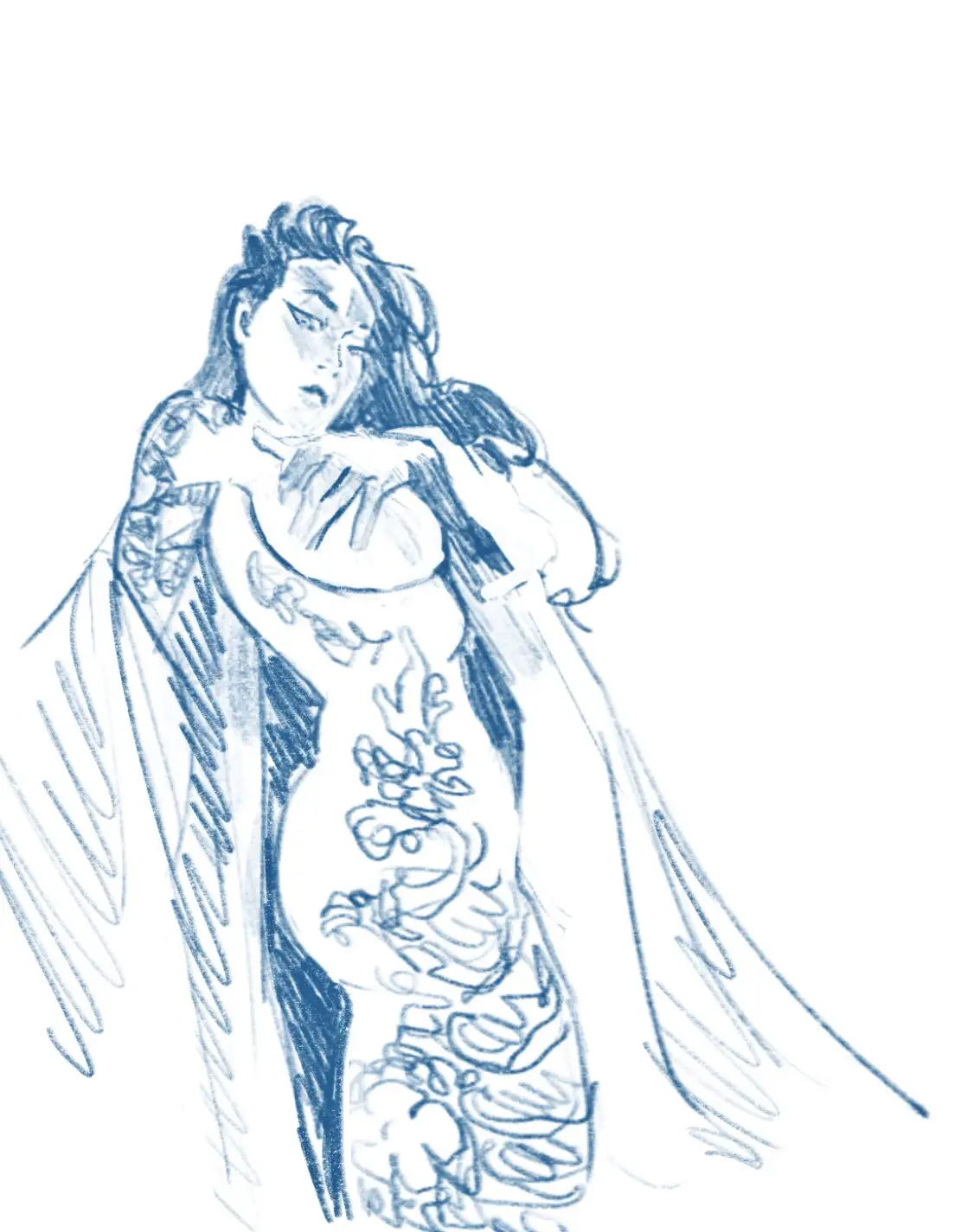 A blue ink sketch shows a woman with messy hair, looking downcast, wearing a flowing robe with intricate patterns. The…