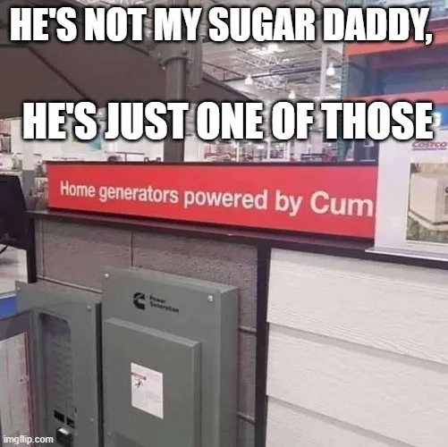 A photo of home generators on display at a Costco store, with a red sign reading 'Home generators powered by Cum'. The image…