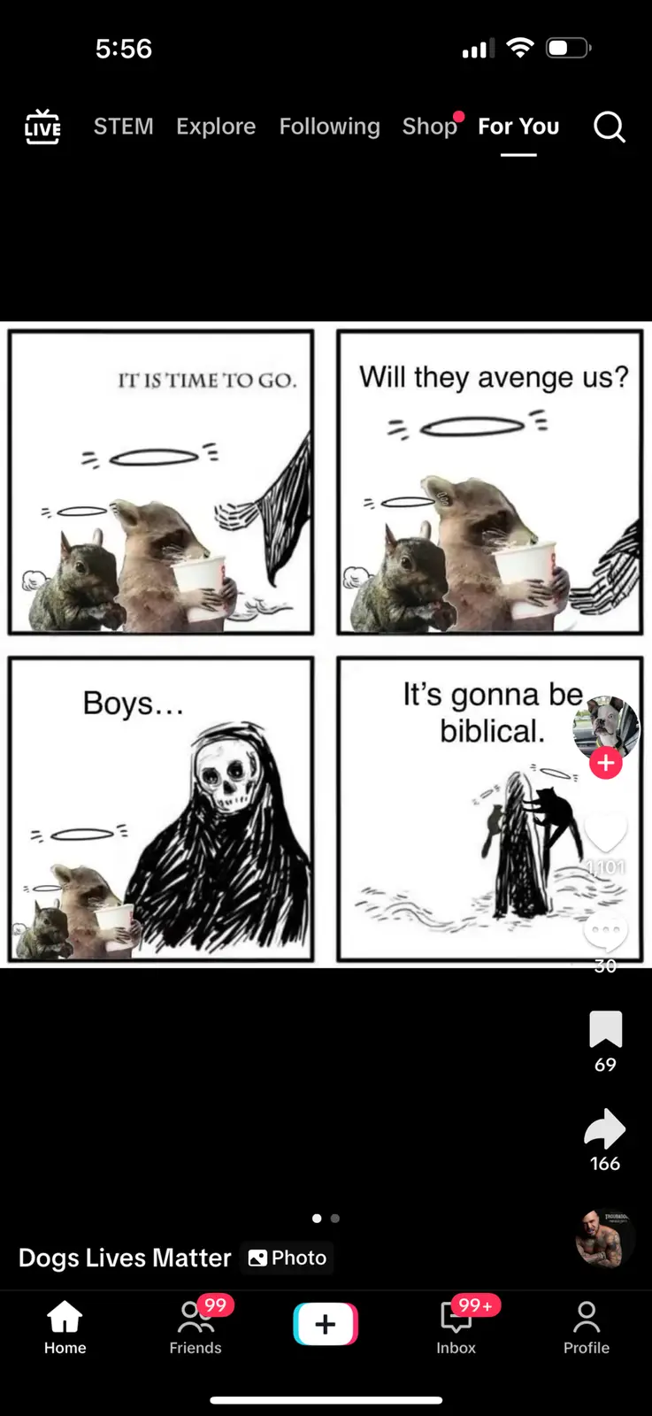 A four-panel comic strip shows two animals, a raccoon and a squirrel, with angel halos, holding cups. The first panel says…