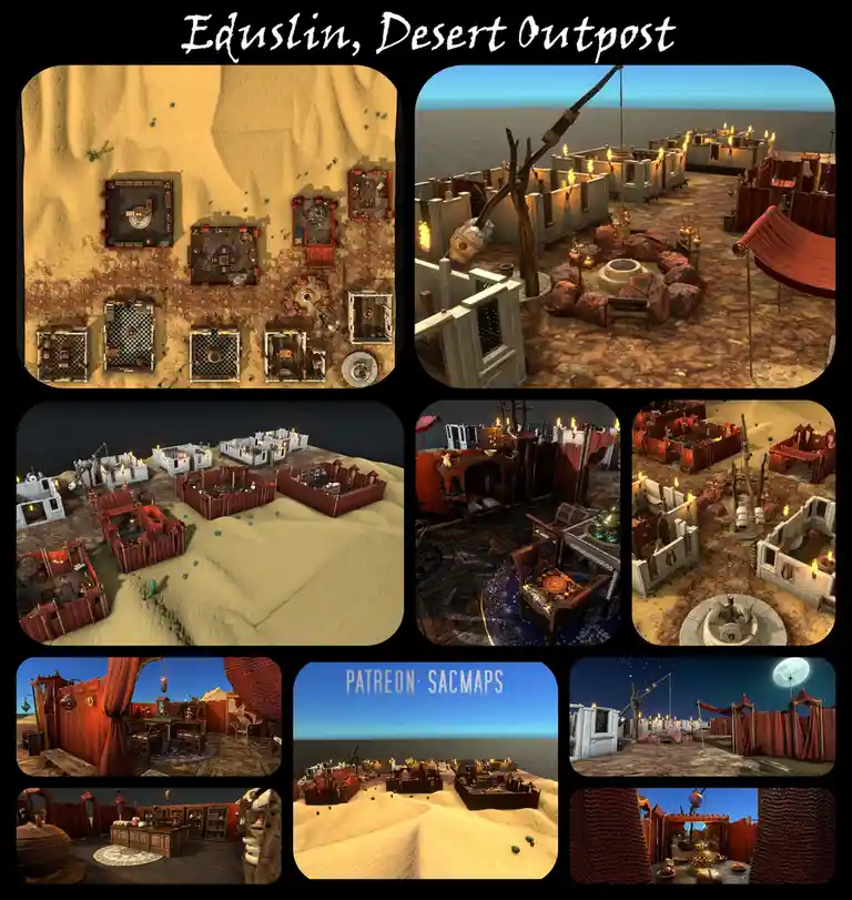 A collage of nine images showcasing a detailed desert outpost named 'Eduslin,' featuring overhead maps, exterior views with…