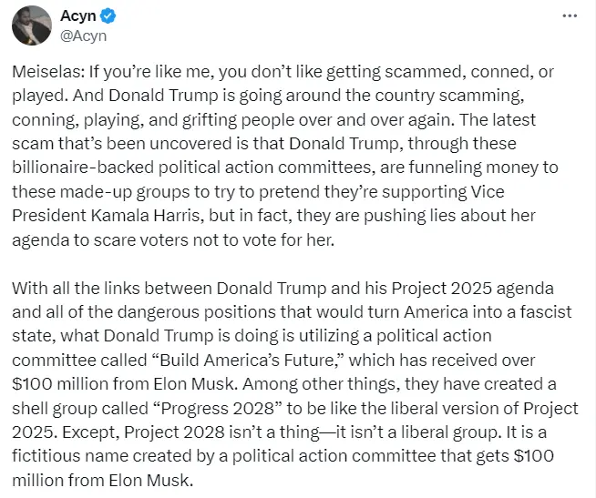 A screenshot of a tweet by user Acyn, which is a long-form political commentary alleging that Donald Trump is using fake…