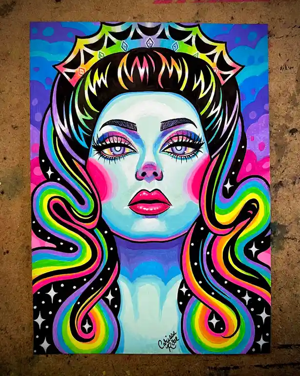 A vibrant, stylized painting of a woman's face with rainbow-colored, swirling hair and a jeweled crown, set against a…