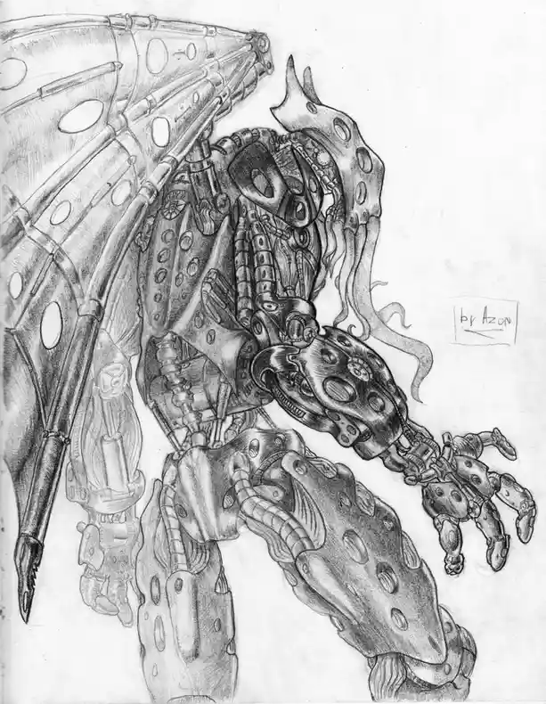 A detailed pencil sketch depicts a biomechanical creature with a fusion of organic and mechanical parts, featuring…