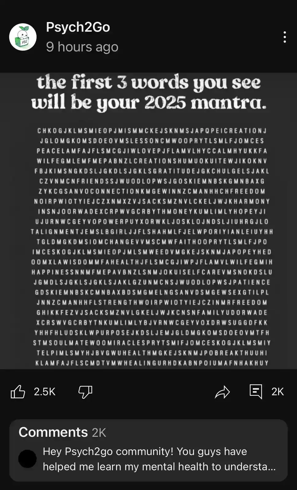 A black background image displays the text 'the first 3 words you see will be your 2025 mantra.' above a dense grid of…