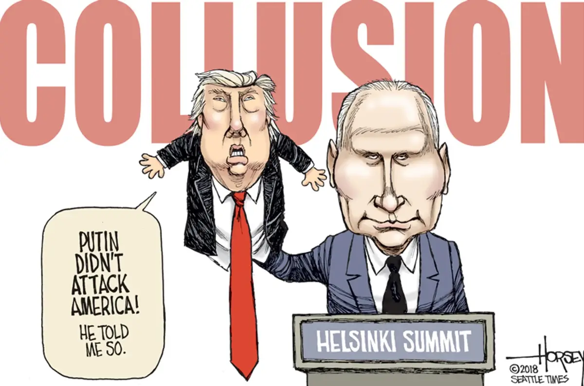 A political cartoon shows a caricature of Donald Trump being physically pulled by a caricature of Vladimir Putin at a podium…