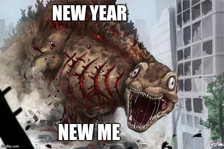A monstrous, bloodied, stitched-up dinosaur-like creature with a gaping mouth roars amidst a destroyed cityscape, with the…