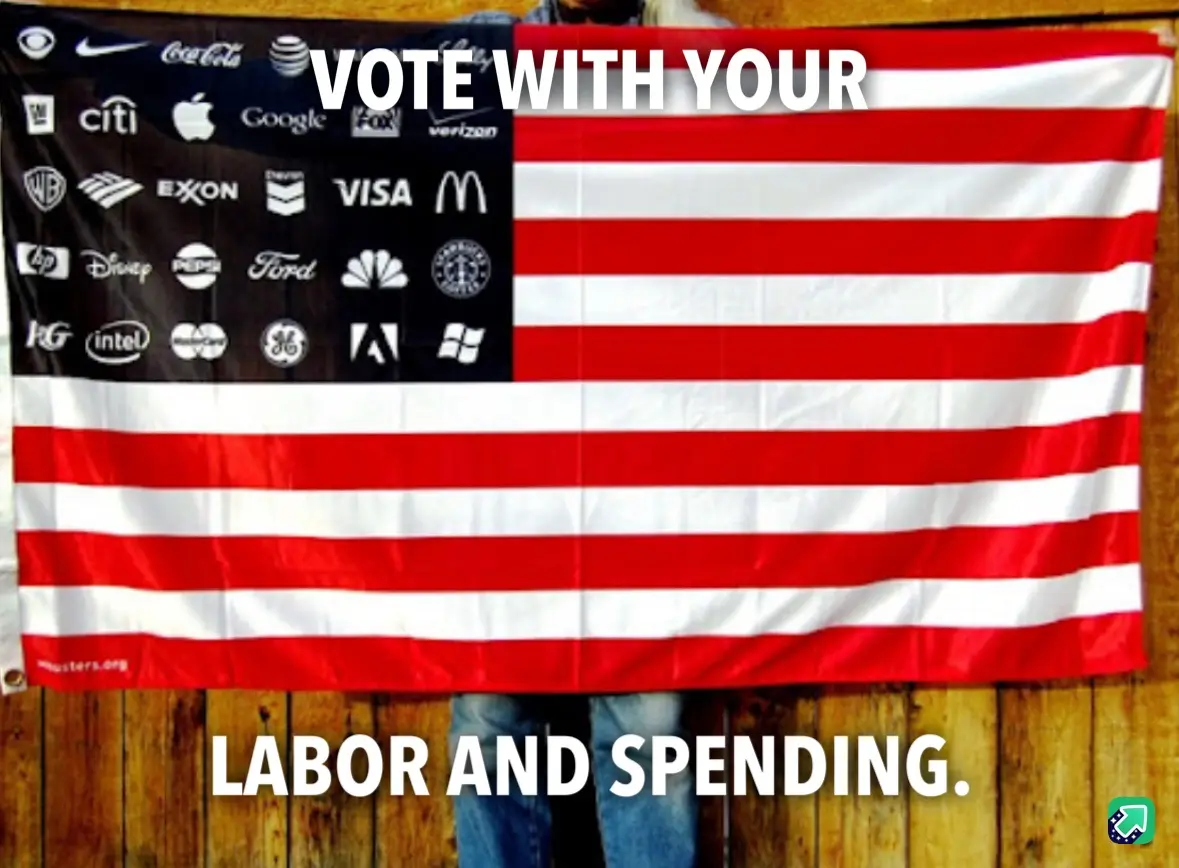 An american flag is shown with the blue canton replaced by a grid of corporate logos including coca cola, apple, google…