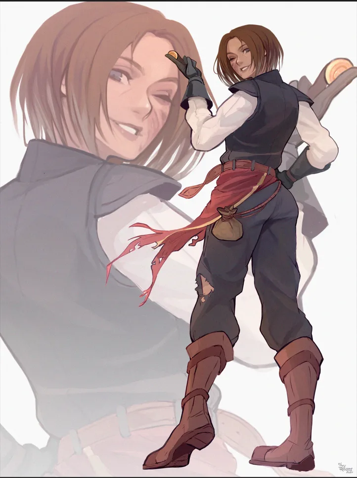 An anime-style illustration shows a character with brown hair and a black vest holding a small coin or token up to their…