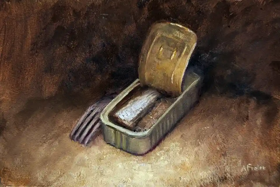 A painting depicts an open tin of sardines with a fork beside it, rendered in a realistic, textured style with warm brown…