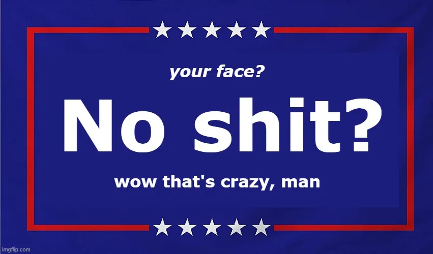 A blue political-style banner with a red border and white stars at the top and bottom. The text reads 'your face?' in…