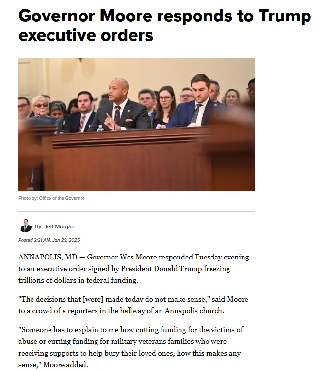 A screenshot of a news article shows Governor Wes Moore speaking at a press event, with overlaid text reading 'Governor…