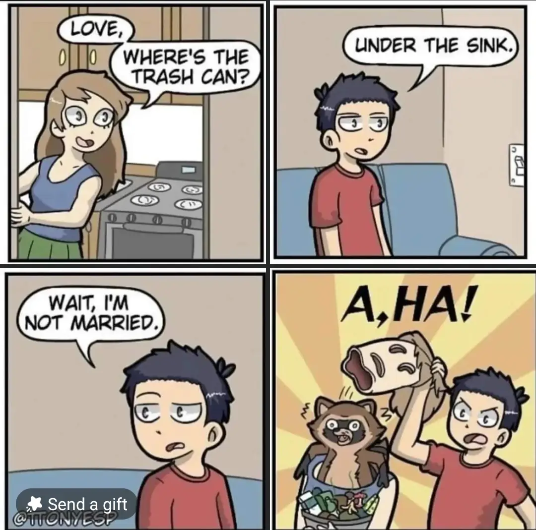 A four-panel comic strip shows a woman asking her partner where the trash can is, he replies 'under the sink,' then realizes…