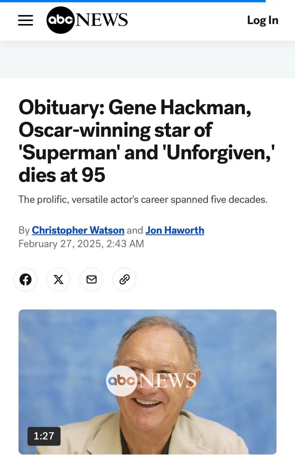 An abcnews.com obituary page for actor Gene Hackman, dated February 27, 2025, shows a smiling photo of him with the headline…