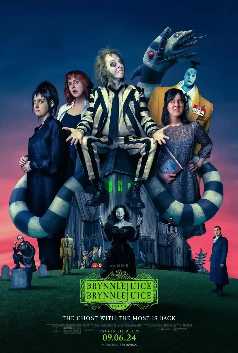 A movie poster for 'Brynnlejuice' (2024 A.D.) features a group of characters, including a man in a striped suit, a ghostly…