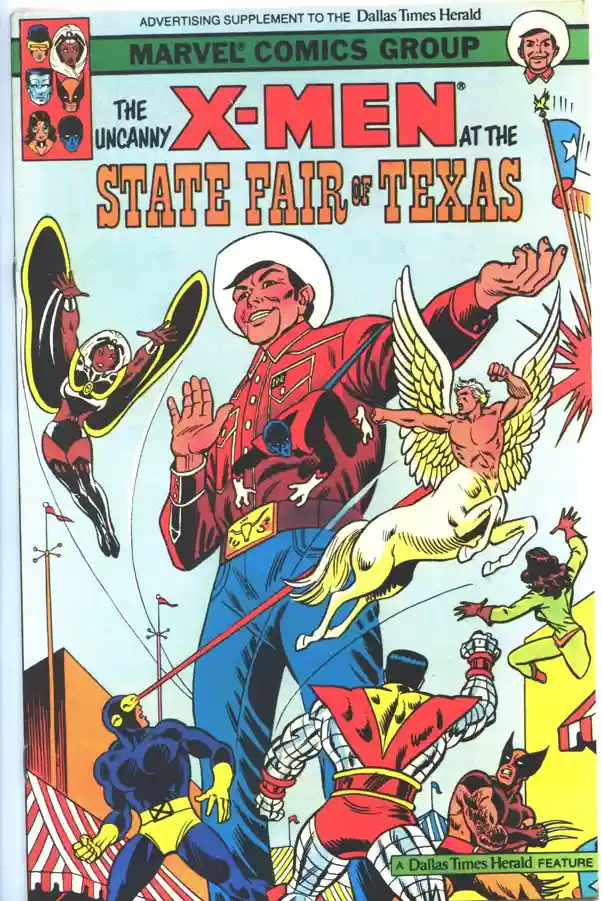 a vintage comic book cover for 'The Uncanny X-Men at the State Fair of Texas' by Marvel Comics Group, featuring a large…
