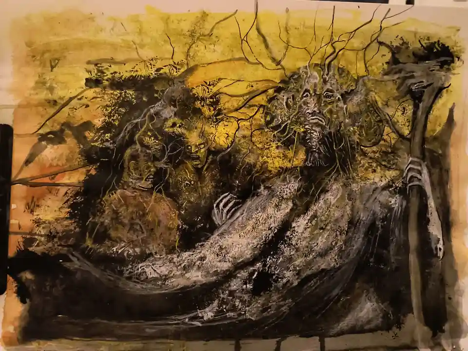 An abstract, dark-toned painting depicts a chaotic scene with multiple distorted, screaming human-like faces emerging from a…