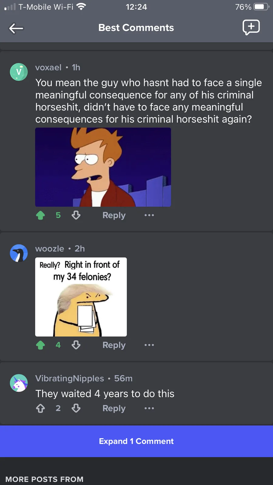 A screenshot of a Reddit comment thread shows a user named 'woozle' replying with a meme. The meme features a cartoon…