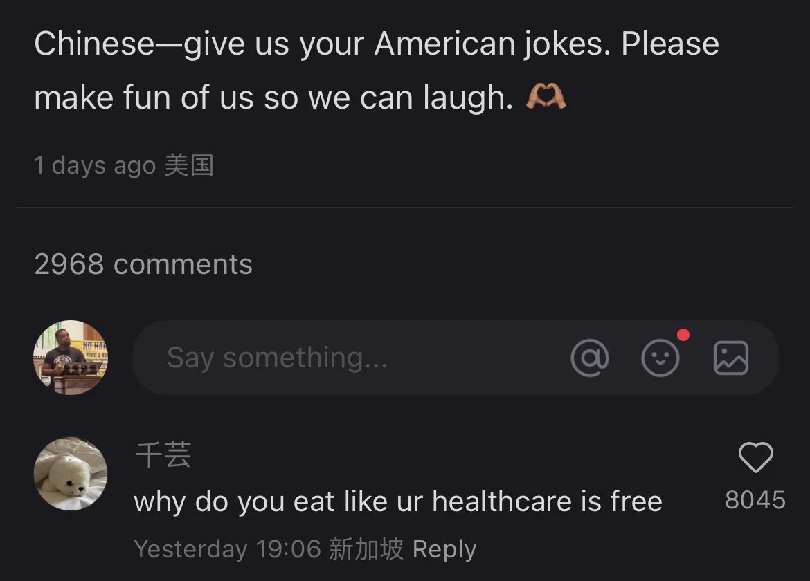 A screenshot of a social media comment section shows a user from the U.S. asking Chinese people for American jokes to laugh…