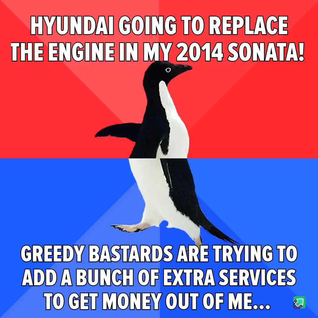 A penguin stands centered against a red and blue background, with bold white text at the top reading 'HYUNDAI GOING TO…