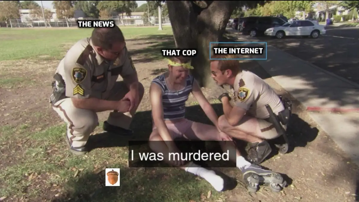 Two police officers in uniform crouch beside a person sitting on the ground under a tree, labeled 'THAT COP' and 'THE…