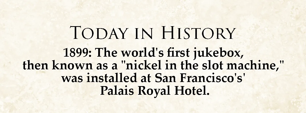 A beige textured background displays black serif text announcing a historical fact: 'TODAY IN HISTORY' followed by '1899…