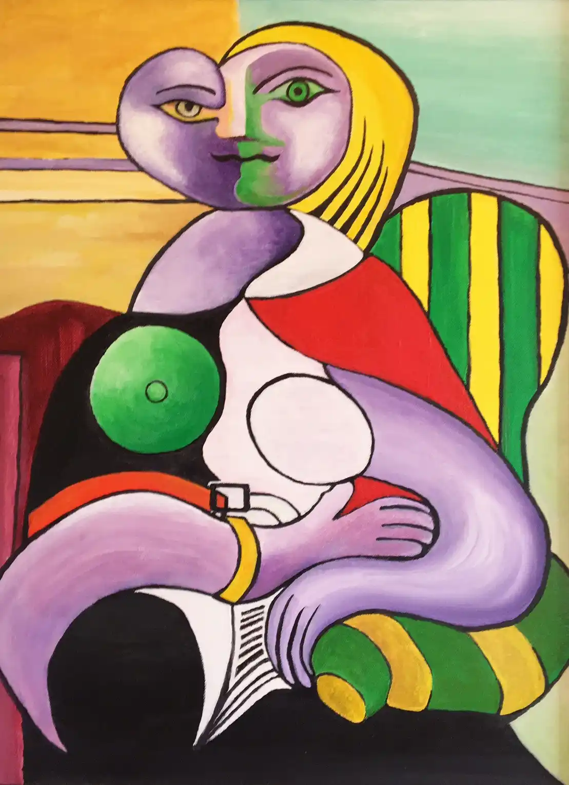 A colorful, abstract painting of a woman with a split face—one half purple with a yellow eye, the other half green with a…