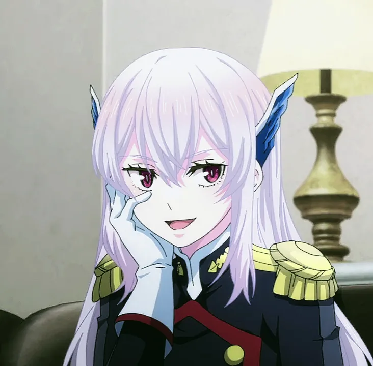 An anime girl with long white hair, blue pointed ears, and a dark uniform with gold epaulets smiles while resting her chin…