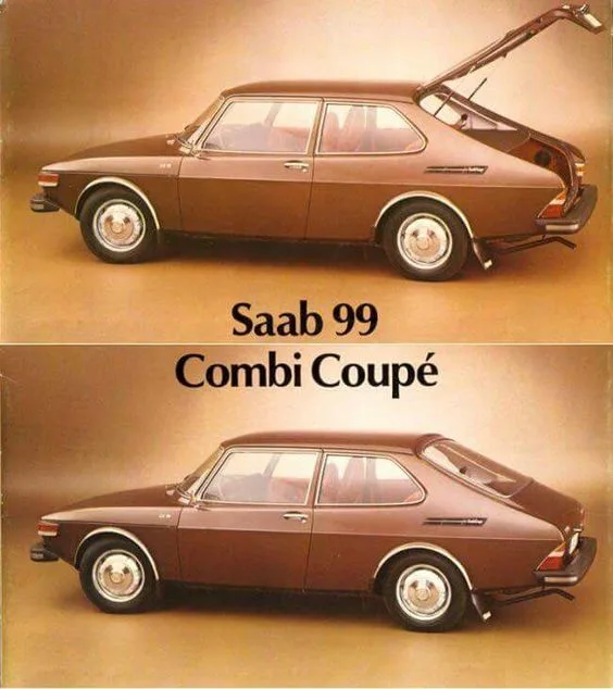 The image displays two identical brown Saab 99 cars side-by-side, one with its rear hatch open revealing the cargo area, and…