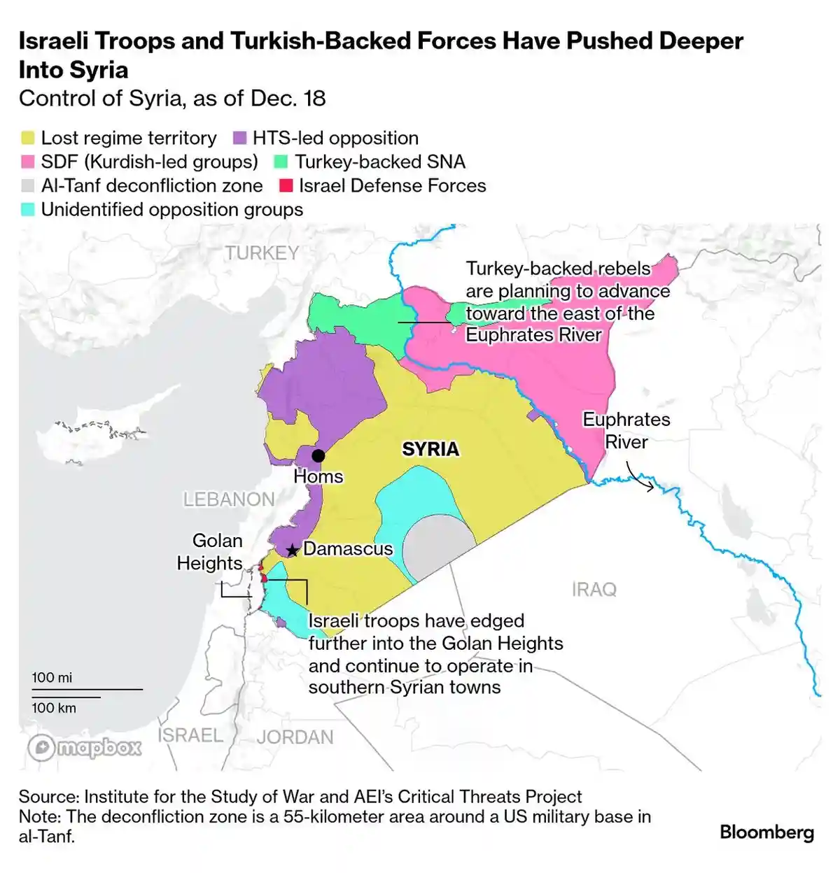 A political map of Syria as of Dec. 18, showing territorial control by various factions including Israel Defense Forces…