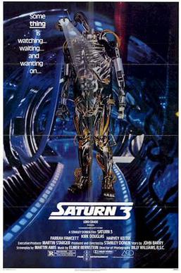 A movie poster for the 1980 film 'Saturn 3' features a tall, humanoid robot standing in a futuristic, blue-lit environment…