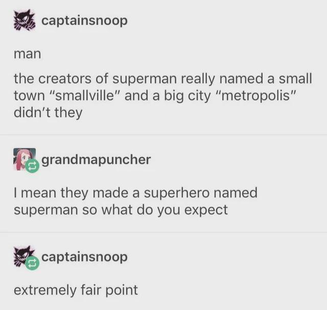 A screenshot of a Reddit-style comment thread shows user 'captainsnoop' pointing out that Superman's hometown is…