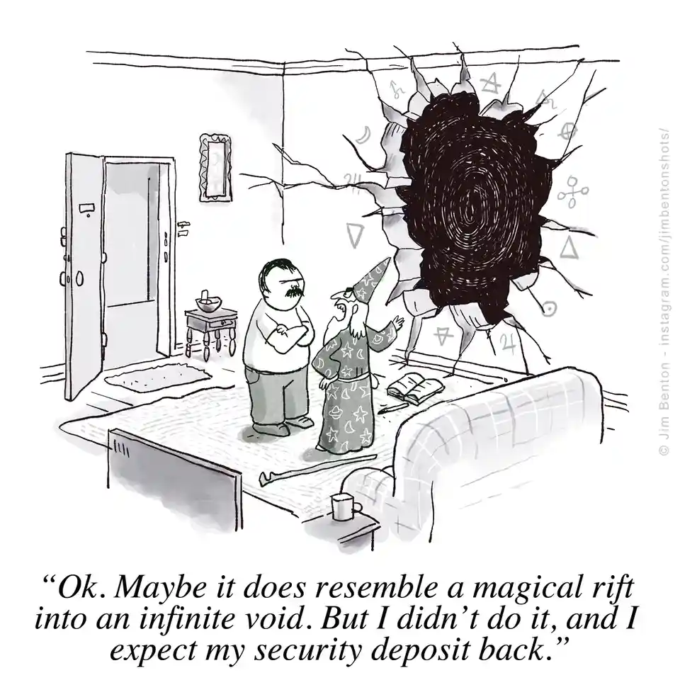 A black-and-white cartoon depicts a man in a wizard robe standing in a bedroom, gesturing toward a large, swirling black…
