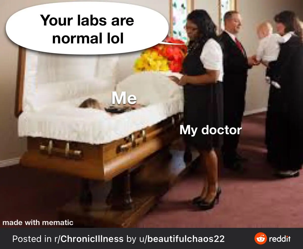 A person is lying in a coffin labeled 'Me', while a doctor labeled 'My doctor' stands beside it, smiling and saying 'Your…