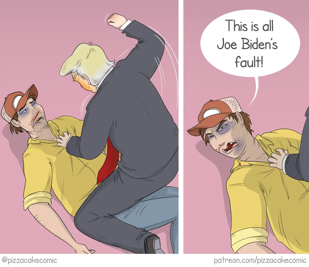 A two-panel comic shows a cartoon Donald Trump punching a cartoon Joe Biden, who is lying on the ground with a bruised face…