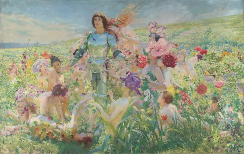 a classical painting depicts a knight in shining armor standing in a vibrant field of flowers, surrounded by numerous nude…