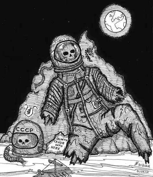 A black-and-white line drawing shows a skeletal astronaut in a spacesuit sitting on a rocky surface with Earth visible in…