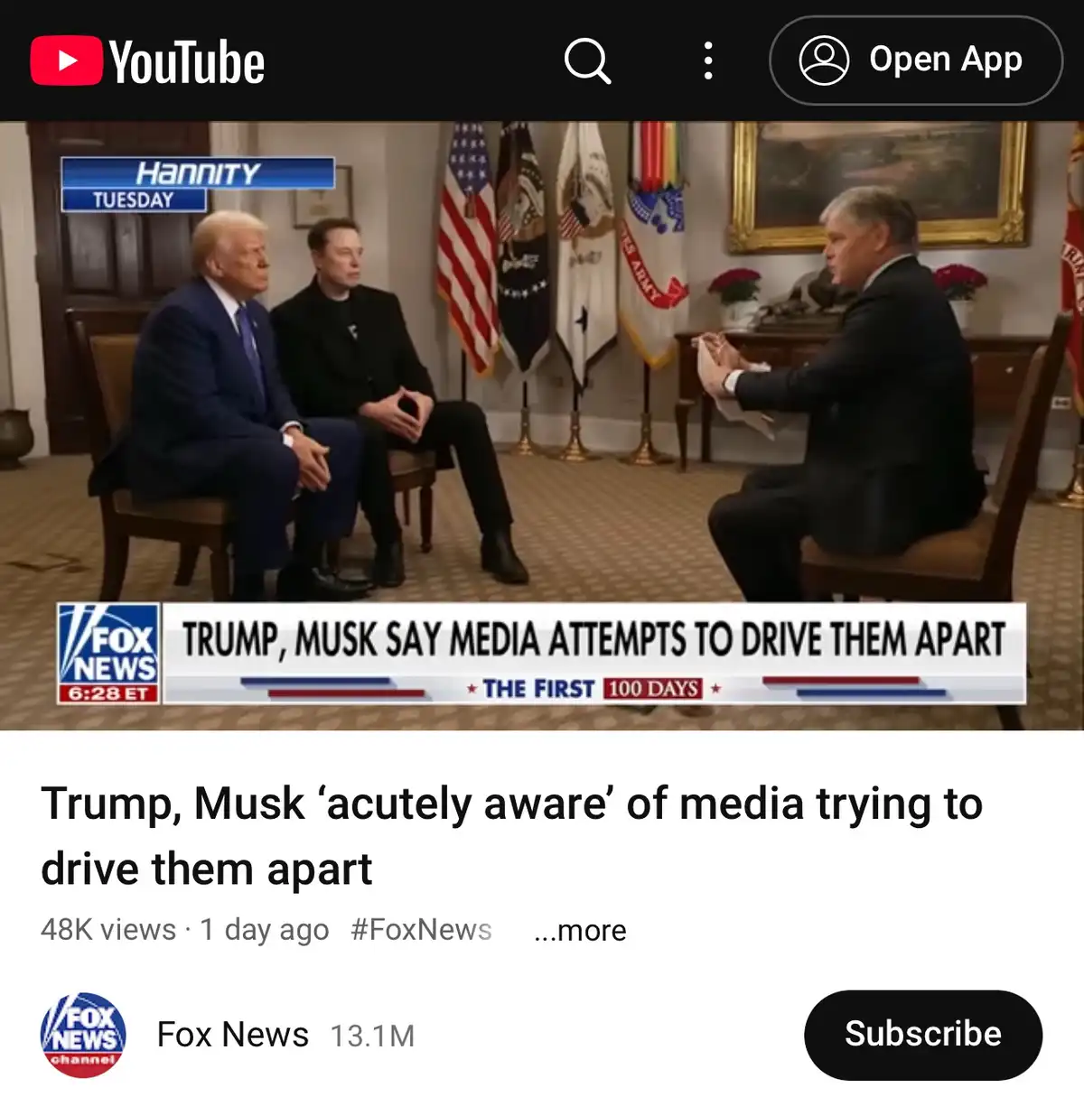 A screenshot from a Fox News YouTube video shows Donald Trump and Elon Musk seated side-by-side during an interview with…
