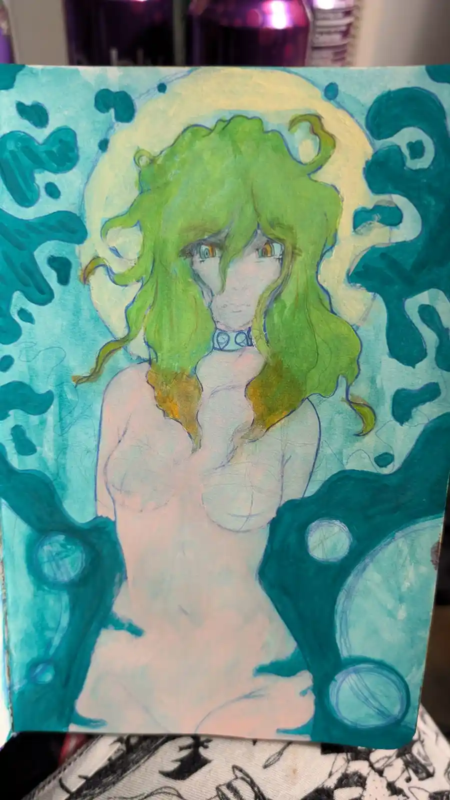 A hand-drawn anime-style painting of a figure with long green hair and orange eyes, wearing a choker, set against a teal and…