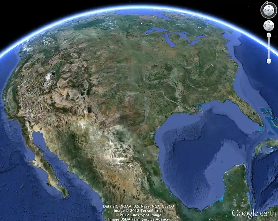 A satellite view of Earth from Google Earth showing the North American continent, with the United States and Canada clearly…