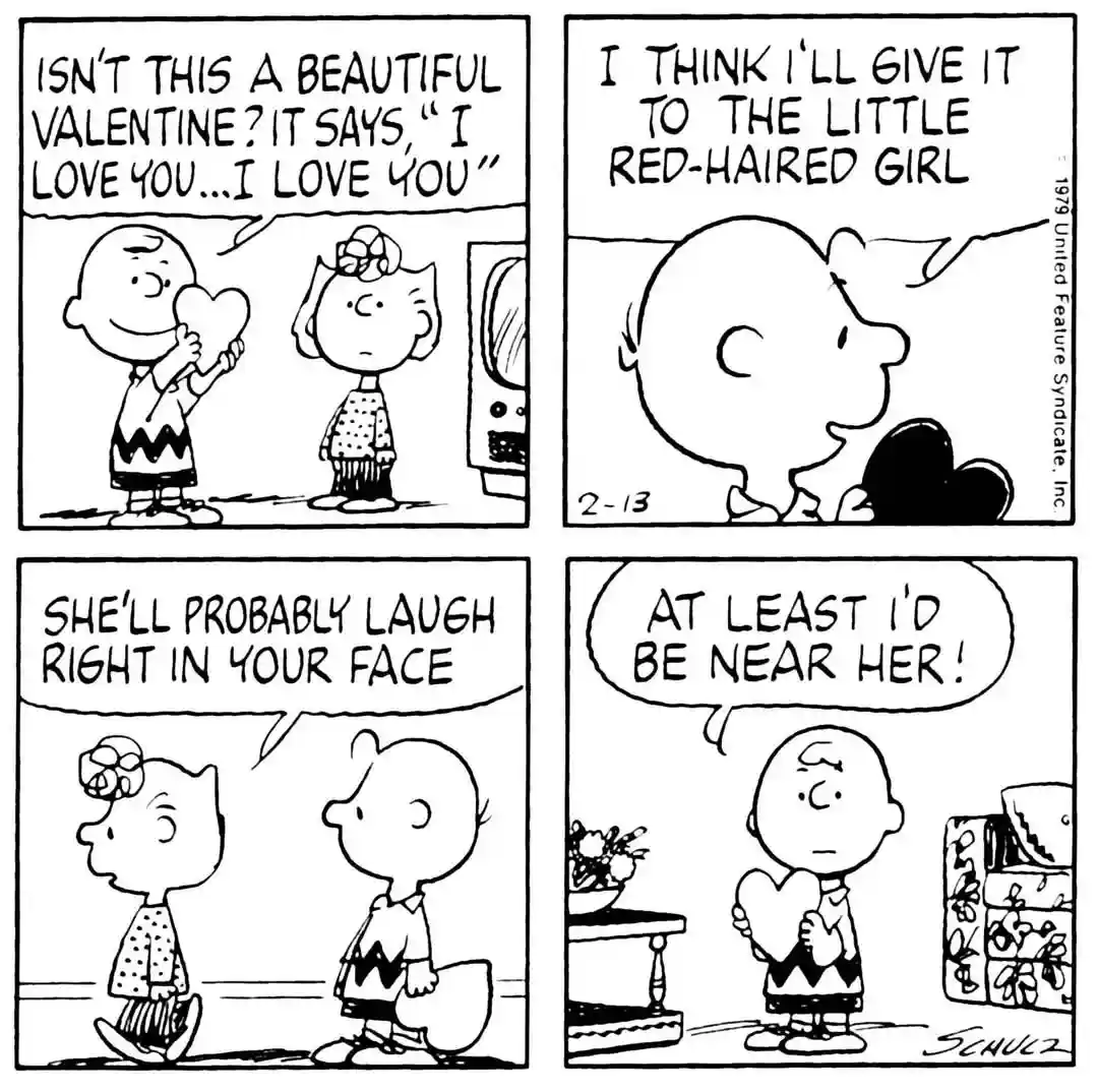 A four-panel Peanuts comic strip shows Charlie Brown holding a heart-shaped Valentine that says 'I love you... I love you.'…